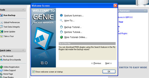 genie backup welcome screen